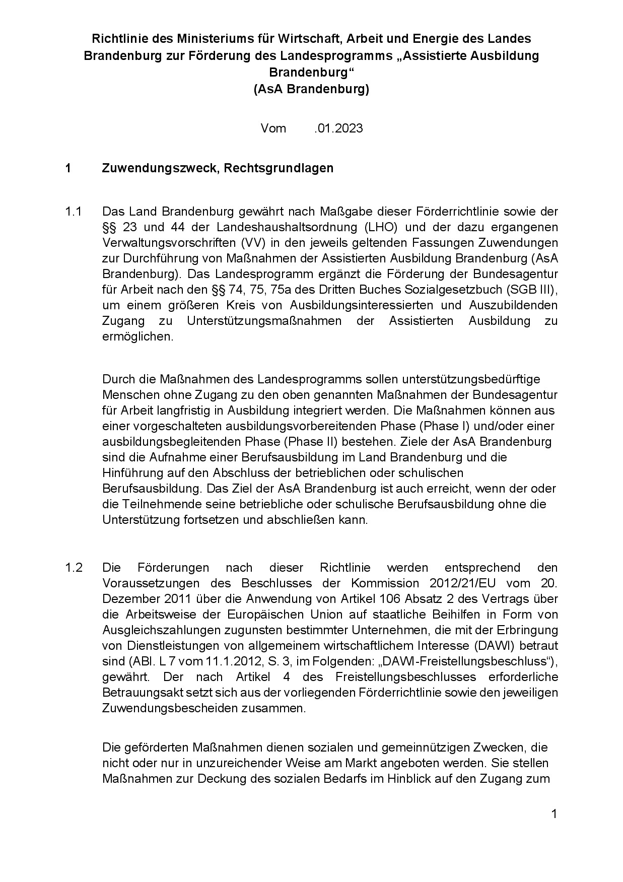 Bild vergrößern (Bild: Richtlinie des Ministeriums für Wirtschaft, Arbeit und Energie des Landes Brandenburg zur Förderung des Landesprogramms AsA Brandenburg-001.jpg)