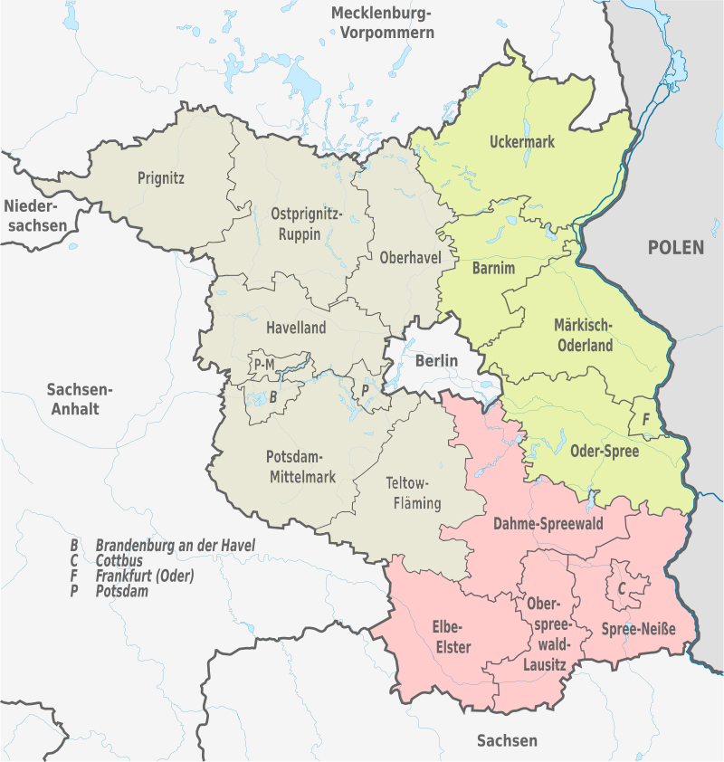 Karte von Brandenburg mit farblich markierten Landkreisen bezugnehmend auf die Zuständigkeit der EAA für Mitgliedsbetriebe der HWK.